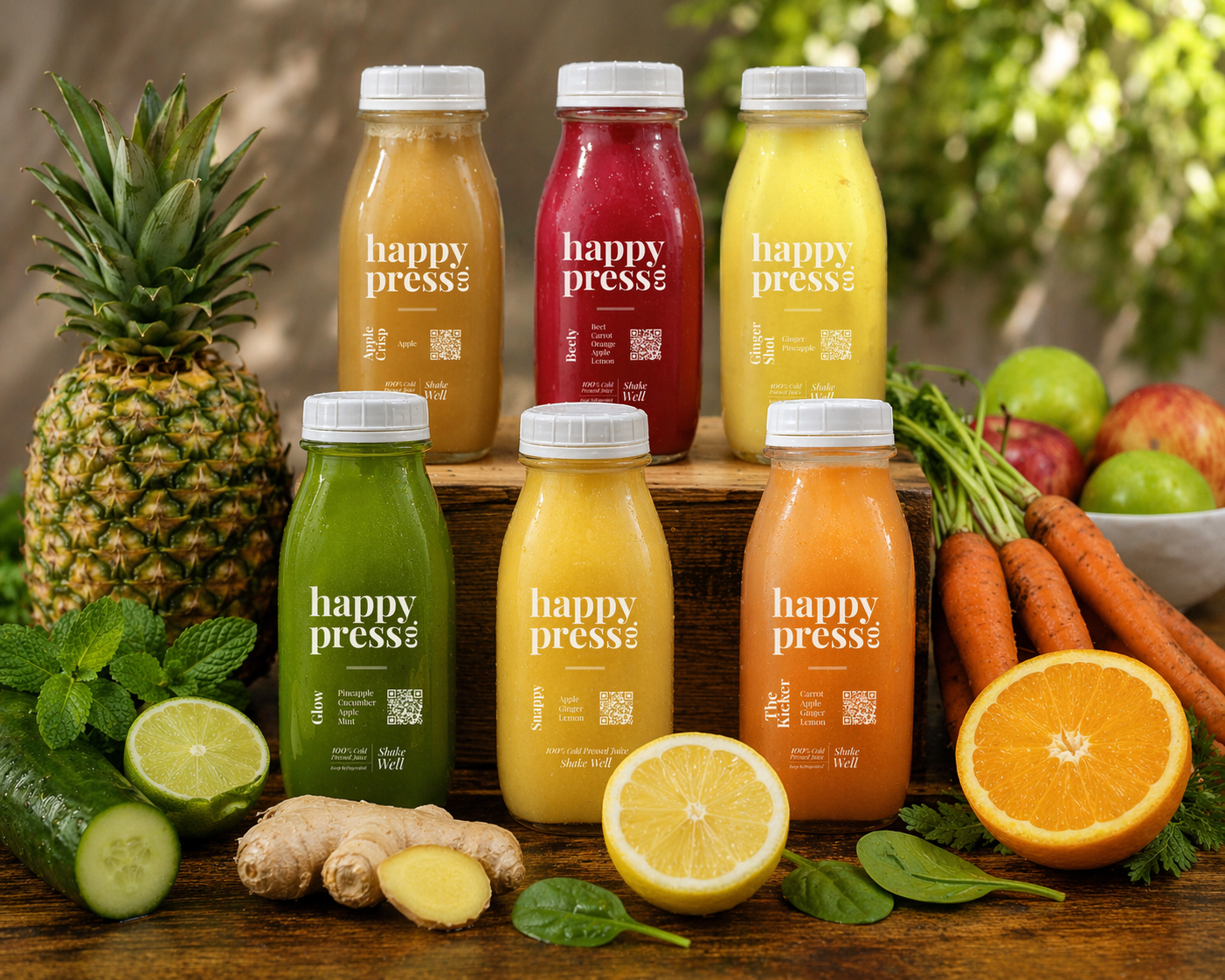 Happy Press Co. six-bottle product composition